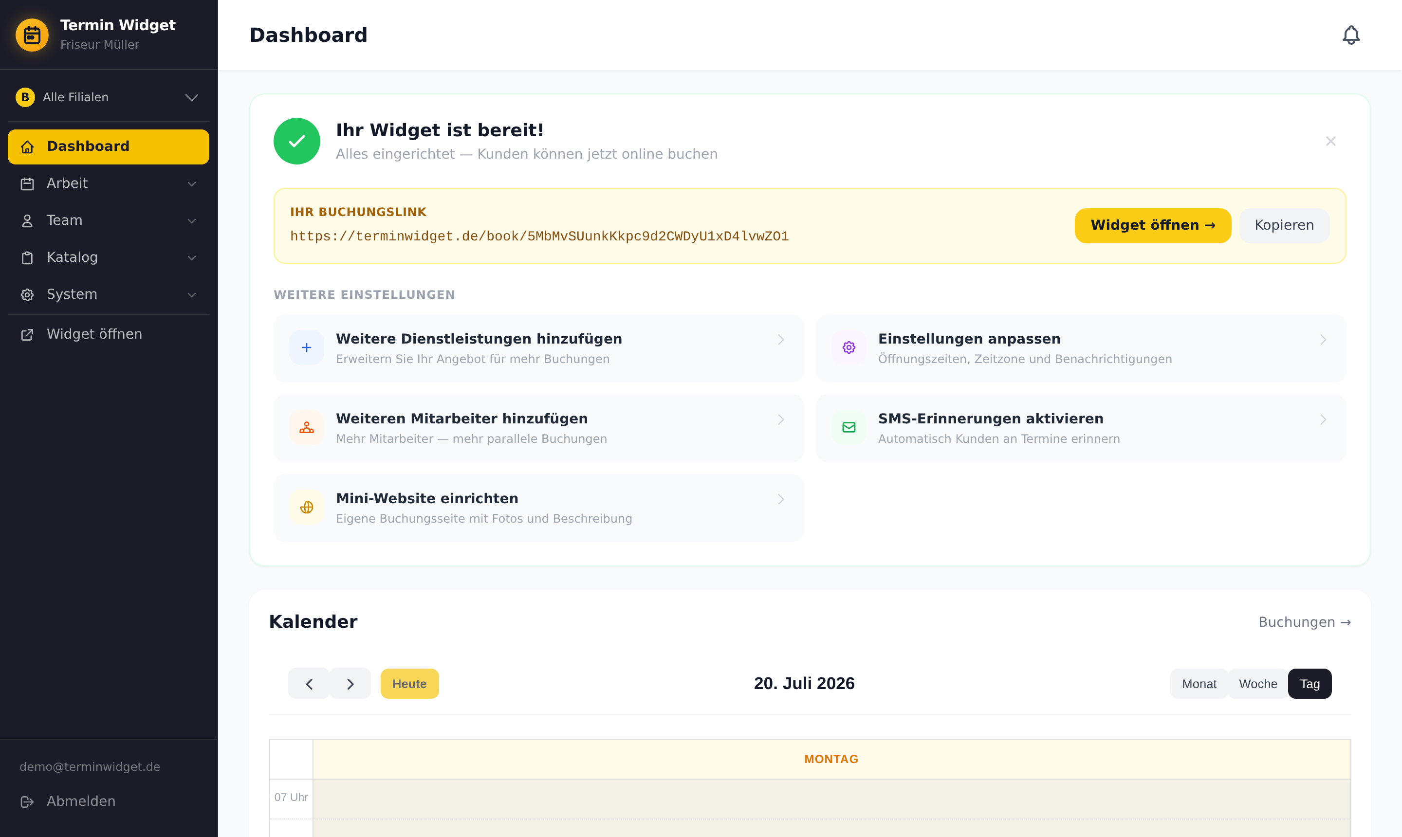 Buchungslink im Dashboard